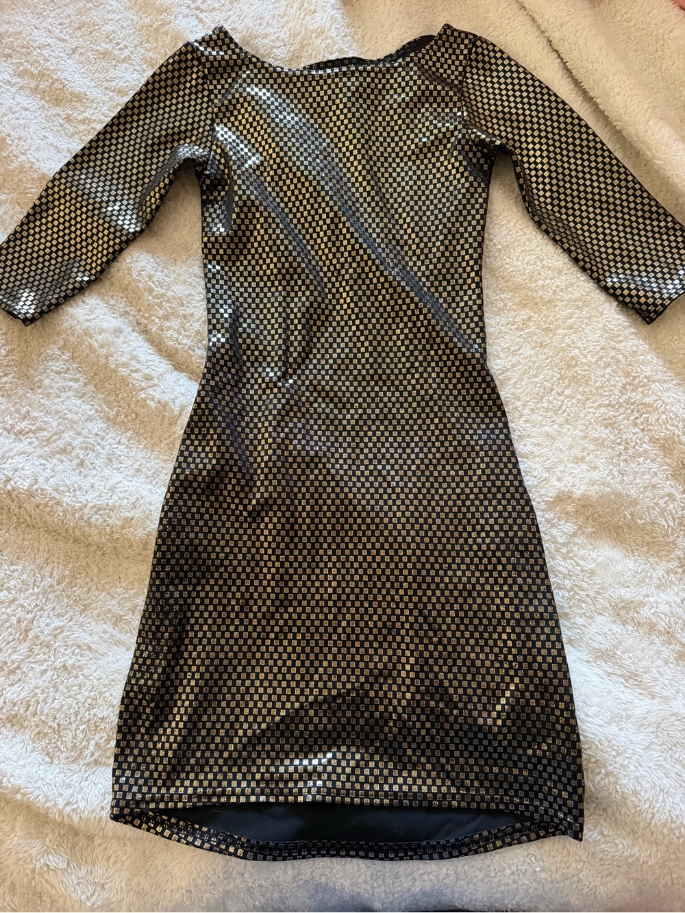 Blackmilk Black Dress with Gold Metallic Pattern 3/4 sleeve